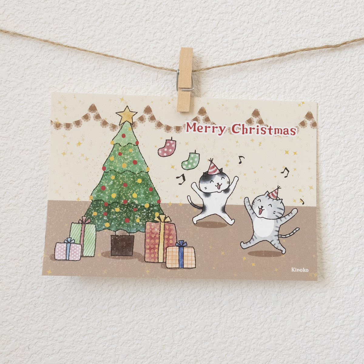 アンティークポストカード ヒイラギを飾った美しいクリスマスの