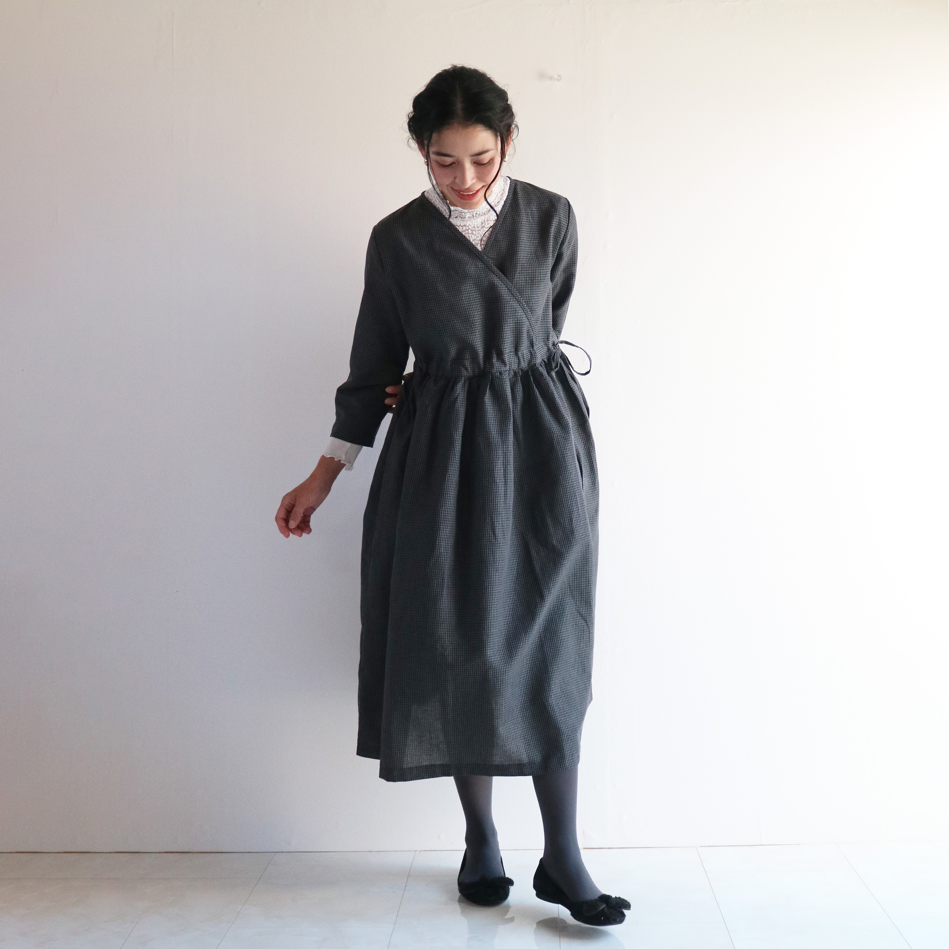 春【ギンガムチェック】ハーフリネンカシュクール風ブラウジングワンピース♥