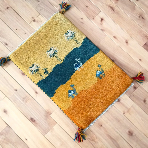 夏入荷】ペルシャ ギャッベ 玄関マット小 57x39cm レモン色 黄金