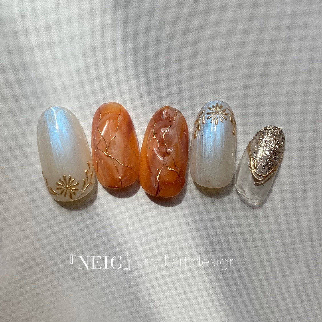 秋ネイル　ブライダルネイル　ミラーネイル　ニュアンスネイル　お呼ばれネイル　オレンジネイル　フラワーネイル 4,400円