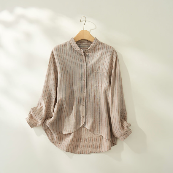 リネン100% ストライプ ロングシャツ シーズンムード高まるカラー展開のストライプリネンシャツ 長袖