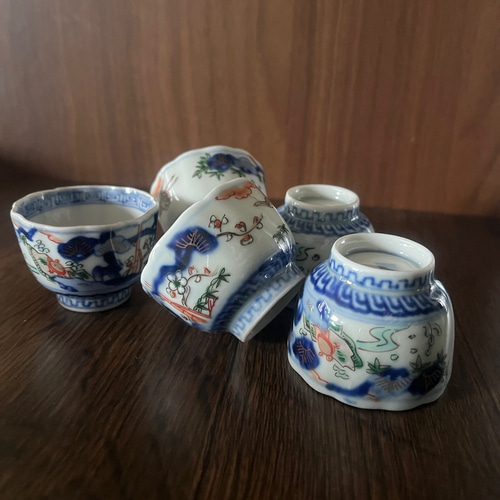 伊万里赤絵お猪口5客 おちょこ・ぐい呑み・徳利 antique art
