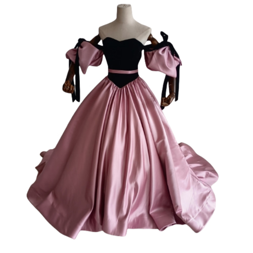 カラードレス ピンクソフィア 取り外し袖 光沢サテン 編み上げ  