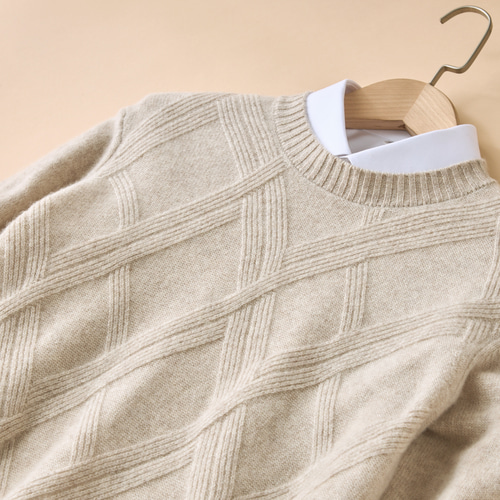 メンズ❤️厚手カシミア100%】丸ネックセーター |ケーブル編み