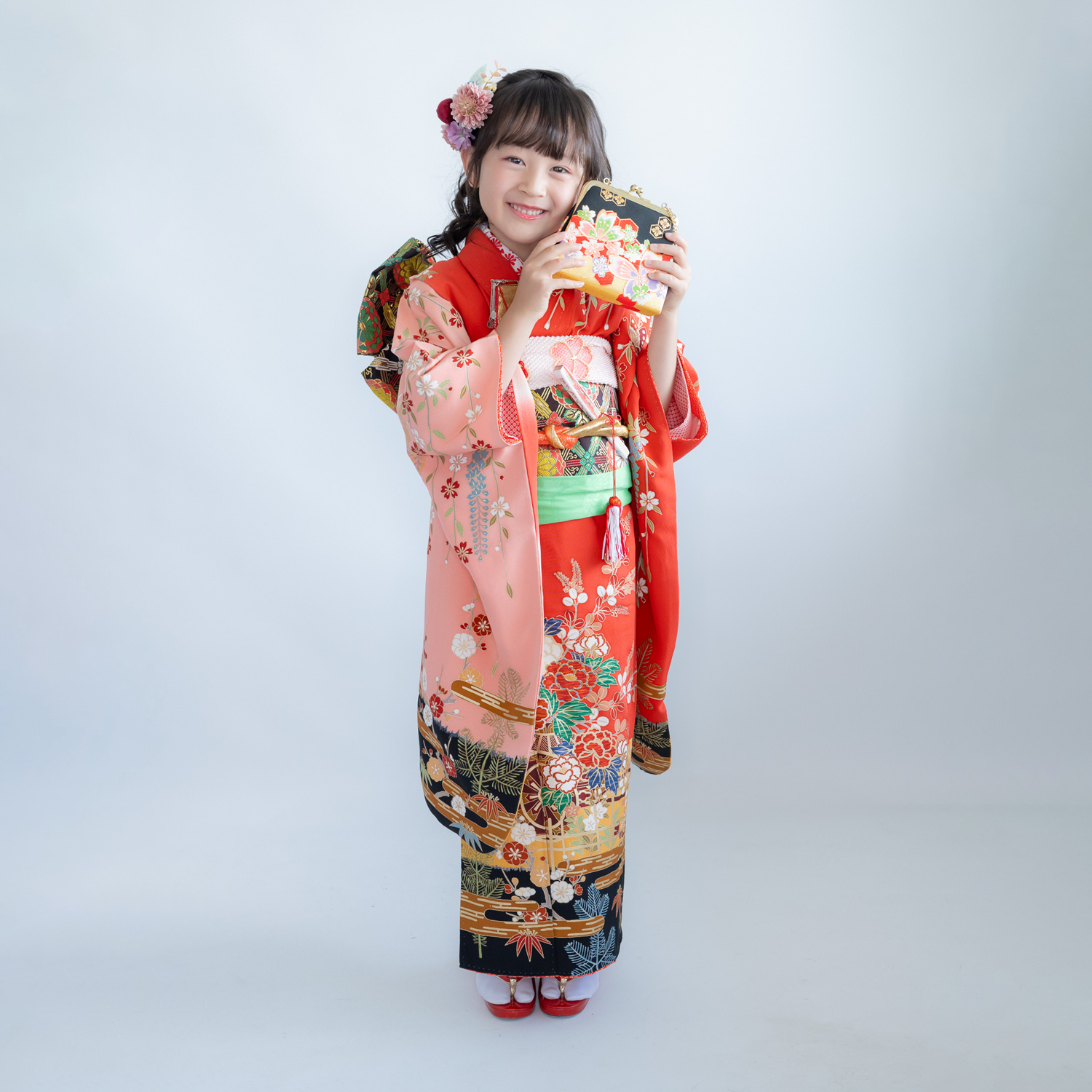 【らふりじー顧客様専用】レンタル振袖（四つ身）B/赤・ピンク・金・黒/七五三7歳着物/二分の一成人式振袖15点フルセット