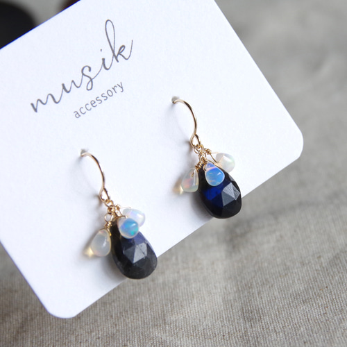 14kgf*ブラックラブラドライト×オパール ピアスorイヤリング/天然石  