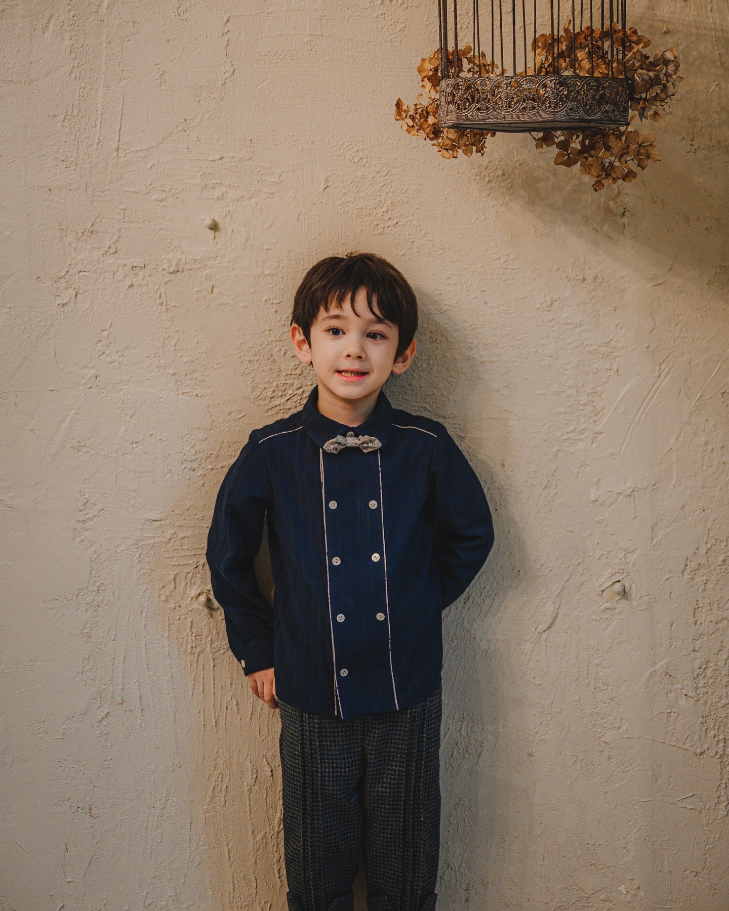 【 男女お揃いコーデも❤︎ 】王子様シャツ｜ドビーレース｜ネイビー｜蝶ネクタイ付き｜発表会｜フォーマル｜入園式｜入学式