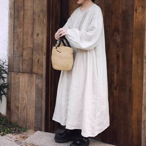 ハンドメイド作家さん　リネンワンピース 2024大人かわいい文芸復古リネンワンピースレースひだスカート