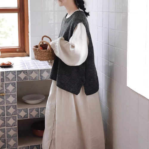 2024大人かわいい文芸復古リネンワンピースレースひだスカート 4930