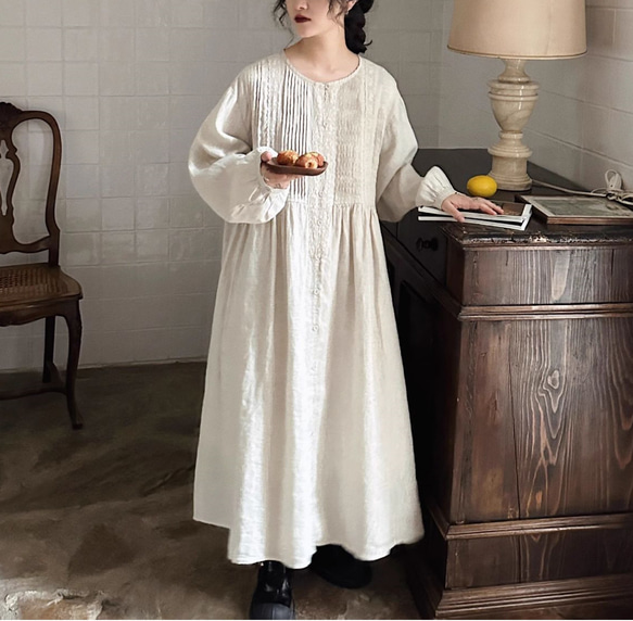 2024大人かわいい文芸復古リネンワンピースレースひだスカート 4930