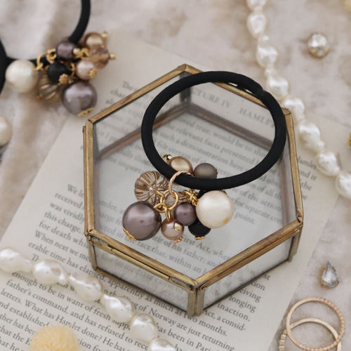 ブラウン〉コットンパールのじゃらじゃらヘアゴム◇Creema限定