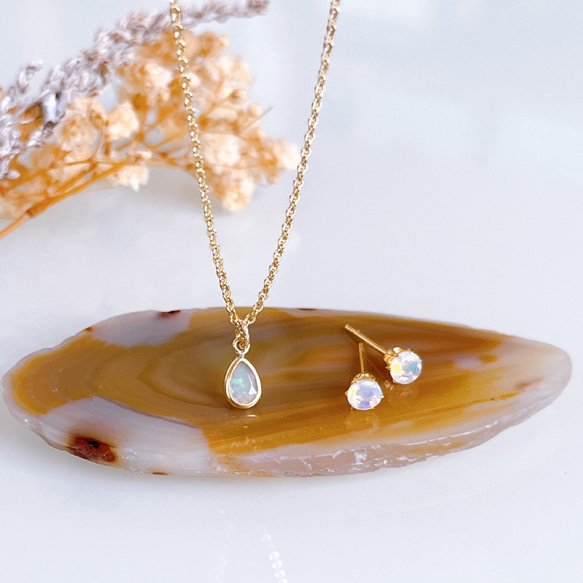 プレシャスオパール2連ネックレス14kgf 10月誕生石》プレシャスオパール しずく 一粒 ネックレス 14kgf 誕生日