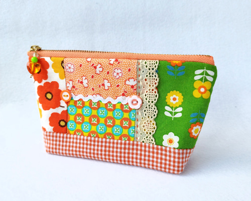 ○パッチワーク＊かわいいオレンジ色とグリーン ちょっとレトロな
