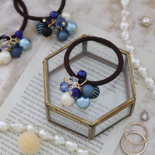 ネイビー〉コットンパールのじゃらじゃらヘアゴム◇Creema限定 秋限定