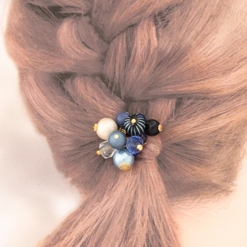 ネイビー〉コットンパールのじゃらじゃらヘアゴム◇Creema限定