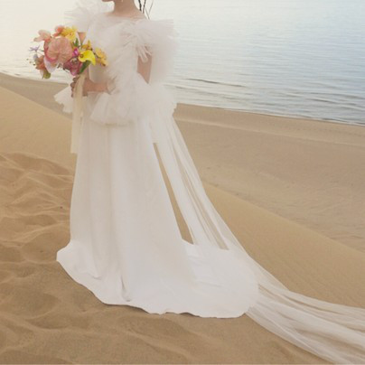 実例写真！ 人気上昇！ウェディングドレス ツーピース ビーズ クレープ生地 ブライダル トップス 前撮り