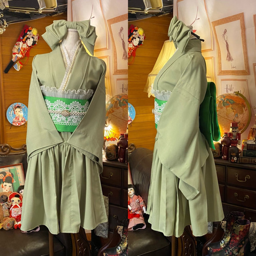 和洋折衷 着物 ミニ丈 ワンピース ドレス 和ロリ 2部式作り帯リメイク