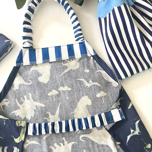 80-160cm2色 恐竜のエプロン3点セット マジックテープ開閉 着脱簡単