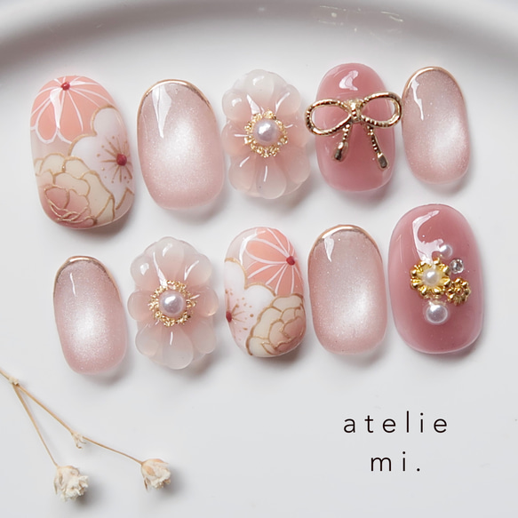 どんなお着物にもあう♡くすみピンクの和柄ネイルチップ*成人式