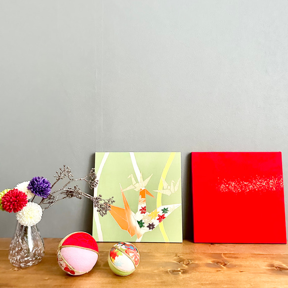 着物のファブリックパネル ハレの日 折り鶴（2枚セット）30×30cm 着物 