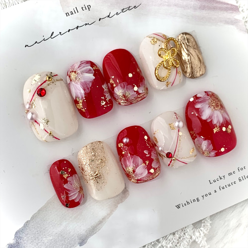 新作 モダン和フラワーネイル① 和装 成人式 結婚式 赤 白 水引  