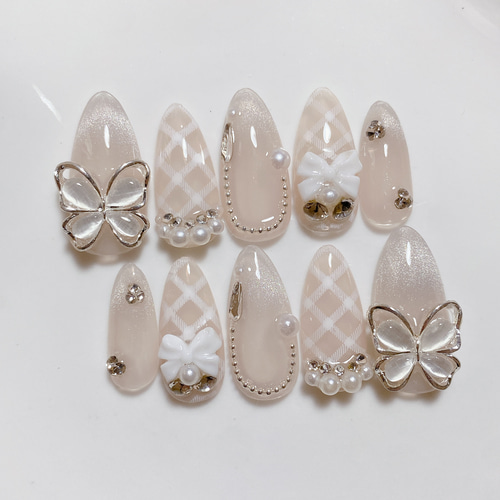 サイズオーダー ネイルチップ チェック マグネットフレンチ 大人ネイル  