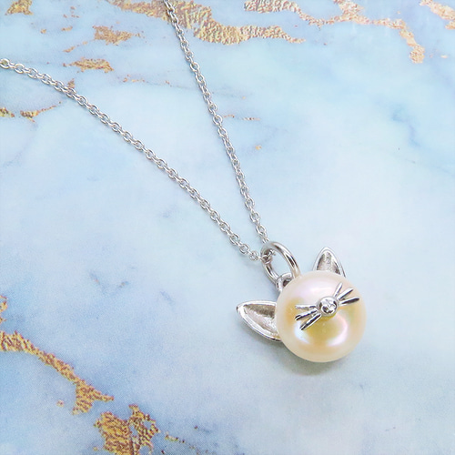 猫*髭様 ◎12739.3 NON NON 淡水パール ネックレス 750刻印 シルバー925 ひげつき猫耳パールのペンダント型ネックレス 淡水
