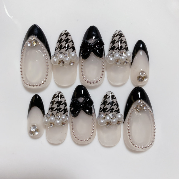 サイズオーダー ネイルチップ 千鳥柄ネイル フレンチ 大人ネイル 量産  