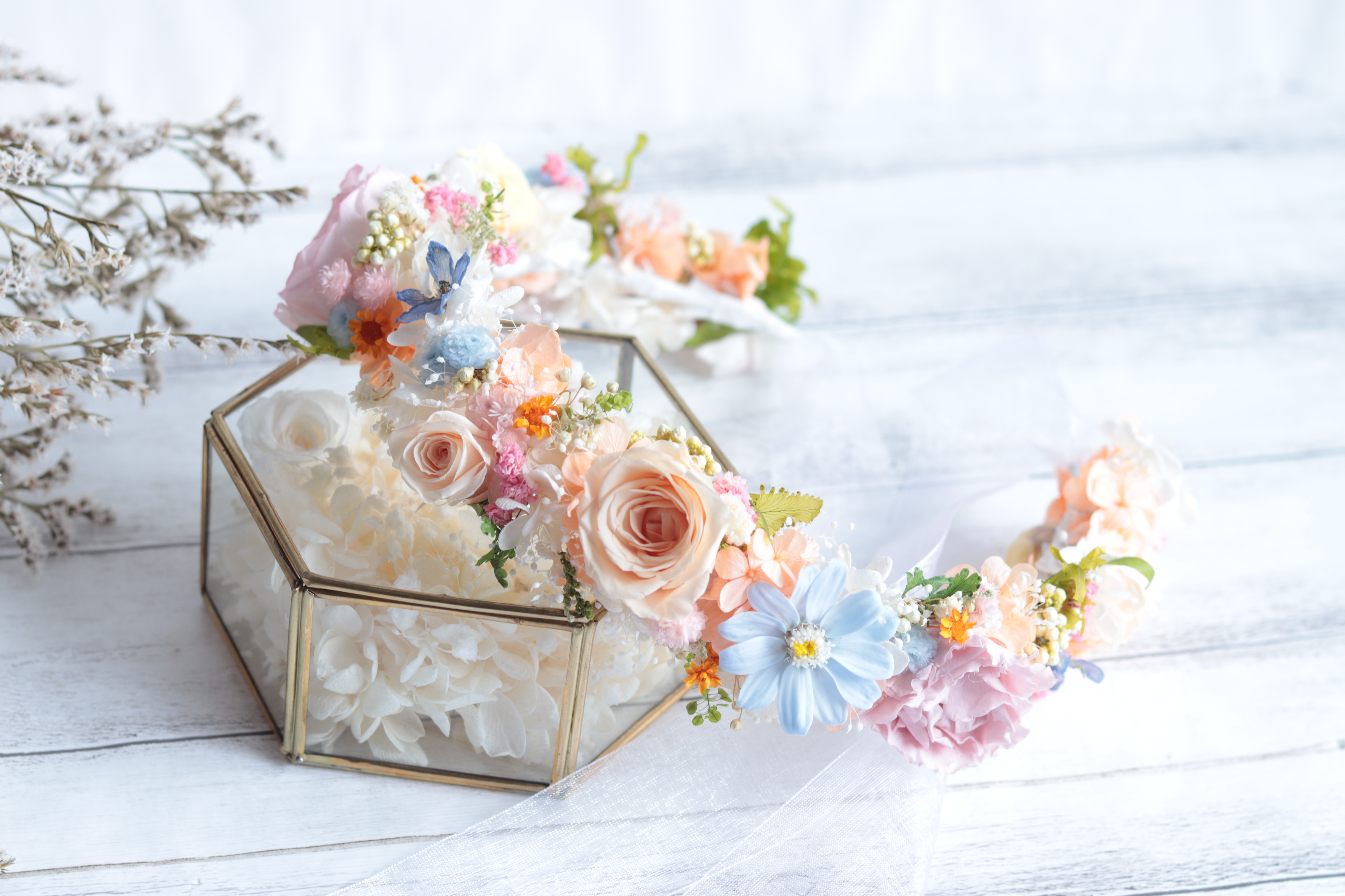 【ベビー&キッズ用】バラと野花のナチュラルグリーンの花冠＊ハーフバースデー・ファミリーウェディング・誕生会・発表会