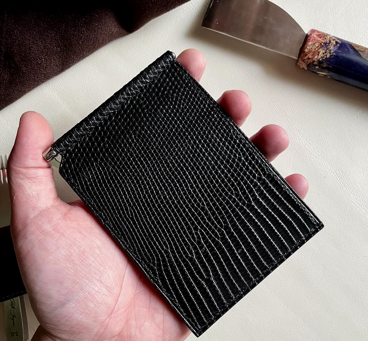 高級リザード革のマネークリップ手縫いマネークリップ