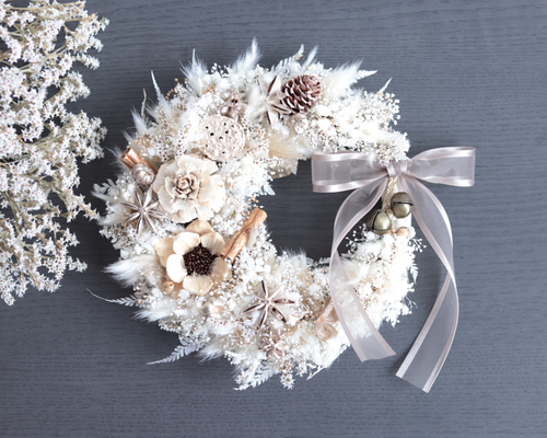 受注製作】モカグレーリボンのふわふわプラチナホワイトリース＊結婚