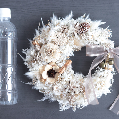 受注製作】モカグレーリボンのふわふわプラチナホワイトリース＊結婚