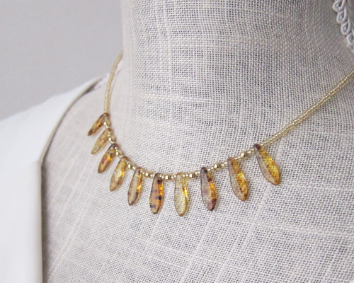 アンバー チェコ ガラス ビーズ ネックレス 琥珀色 ゴールド べっ甲