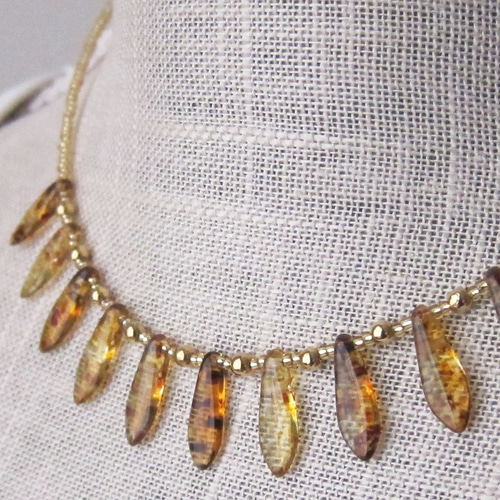 アンバー チェコ ガラス ビーズ ネックレス 琥珀色 ゴールド べっ甲