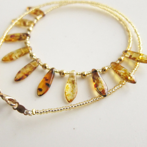 アンバー チェコ ガラス ビーズ ネックレス 琥珀色 ゴールド べっ甲