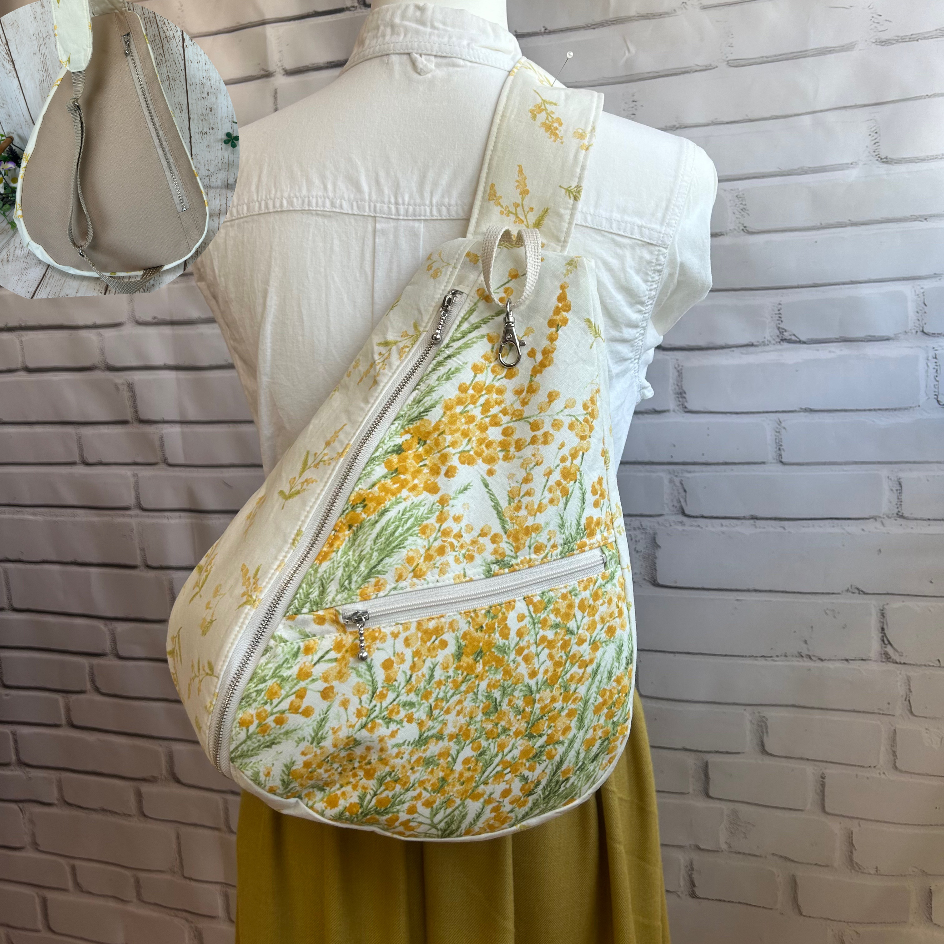 背面ファスナーポケット付き　軽量　しずく型　ワンショルダーバック　ボディーバック　長さ調節可能　ミモザ　白色