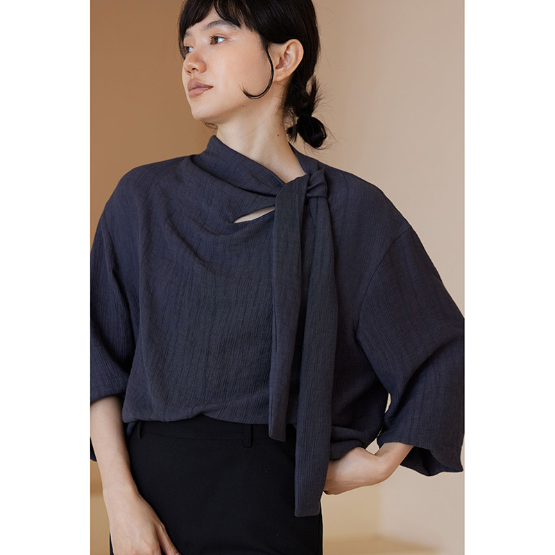 リボン付きシャツ　筋感あり生地長袖シャツ　ゆとりシャツ　青色　S-XL#581