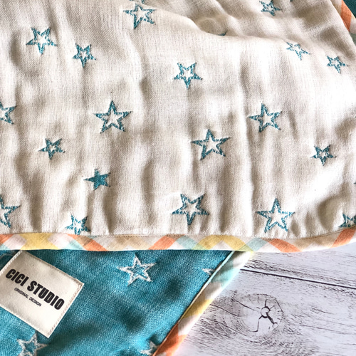 105×145☆FUWARA水色ぞうさんパイピングガーゼケット 105×145☆FUWARA水色