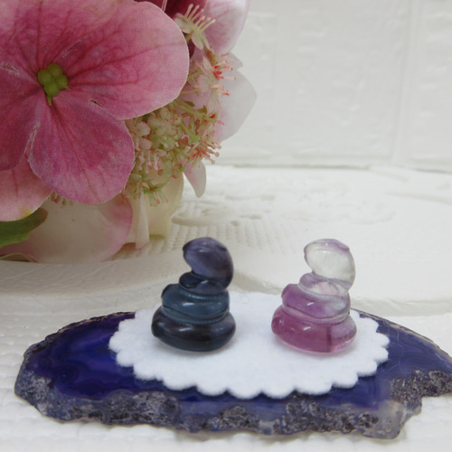 蛇石　アメジスト　台座付き 天然石 2025年 干支置物 巳（み）・蛇ペア フローライト 瑪瑙