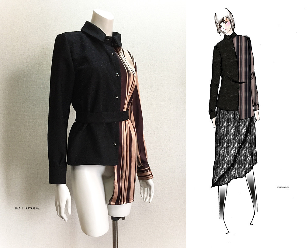 【1点もの・デザイン画付き】ストライプ高級サテン＆ラメ入りツイード調生地アシメトリーブラウス（KOJI TOYODA）