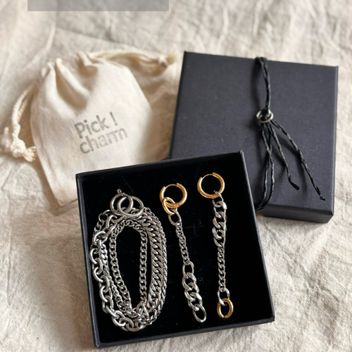 セット ミックスチェーンネックレス ワンタッチフープピアス