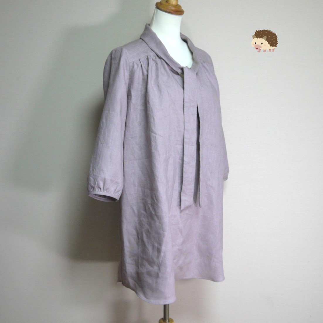 リネン◆ボウタイチュニックワンピ　七分袖◆オールドモーブ◆M・L・LL（中厚リネン100％）～ワンピース～