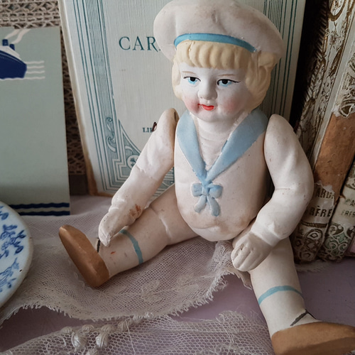 ドイツ 1910-1920年 水色セーラー服のビスクドール その他人形 Mon