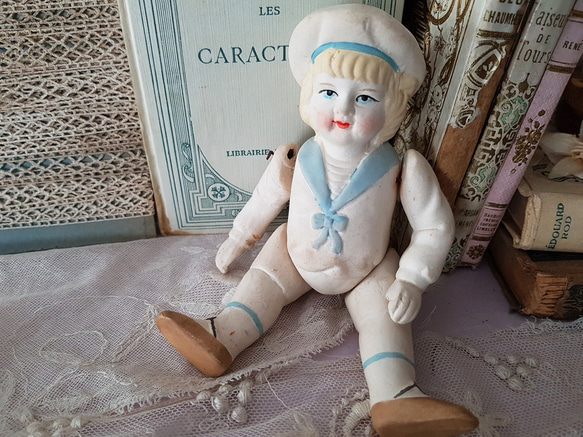 ドイツ 1910-1920年 水色セーラー服のビスクドール その他人形 Mon