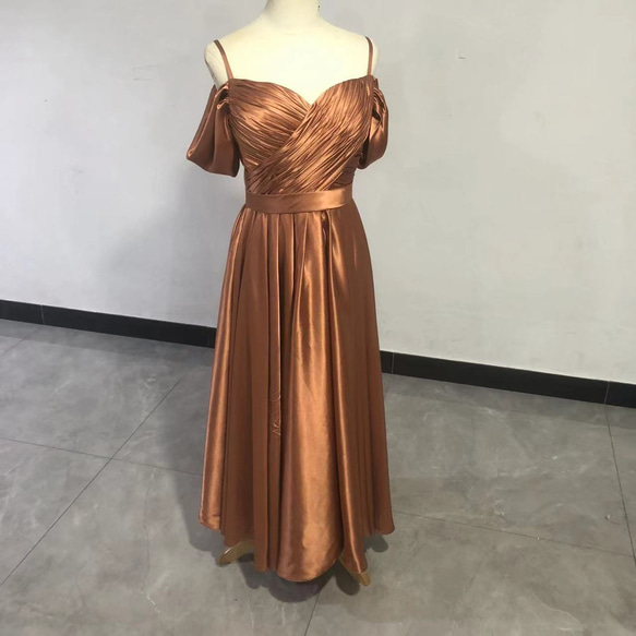 高品質！キャミソール オフショルダー パーティードレス テラコッタ色  
