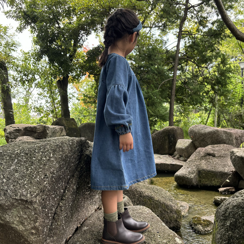 即日発送】Floral Stitch Denim One-Piece デニムワンピース 女の子