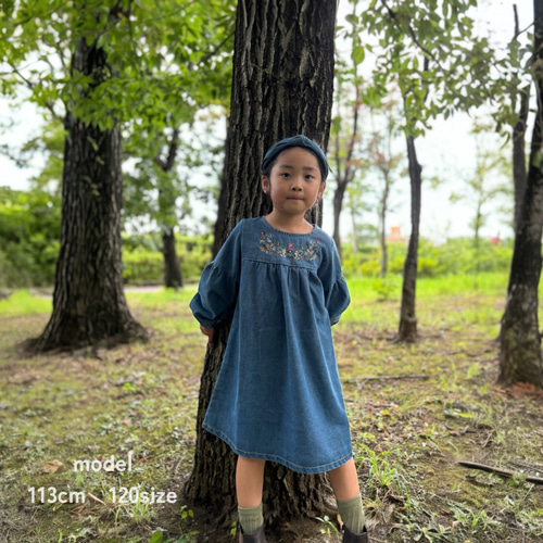 即日発送】Floral Stitch Denim One-Piece デニムワンピース 女の子 