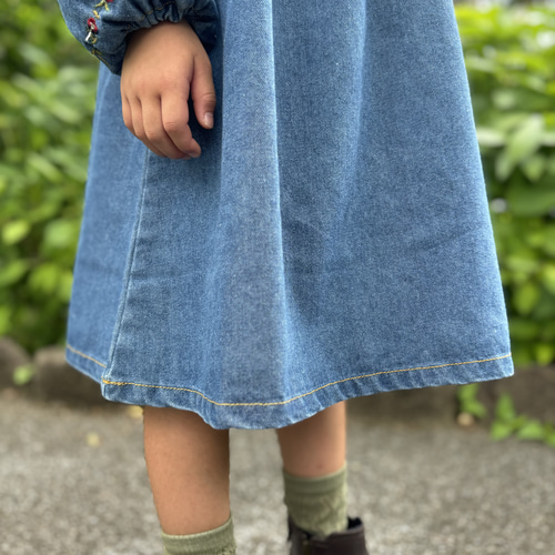 即日発送】Floral Stitch Denim One-Piece デニムワンピース 女の子