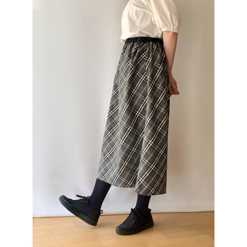 チェック柄 膨らみすぎないギャザースカート ウエスト総ゴム ロング