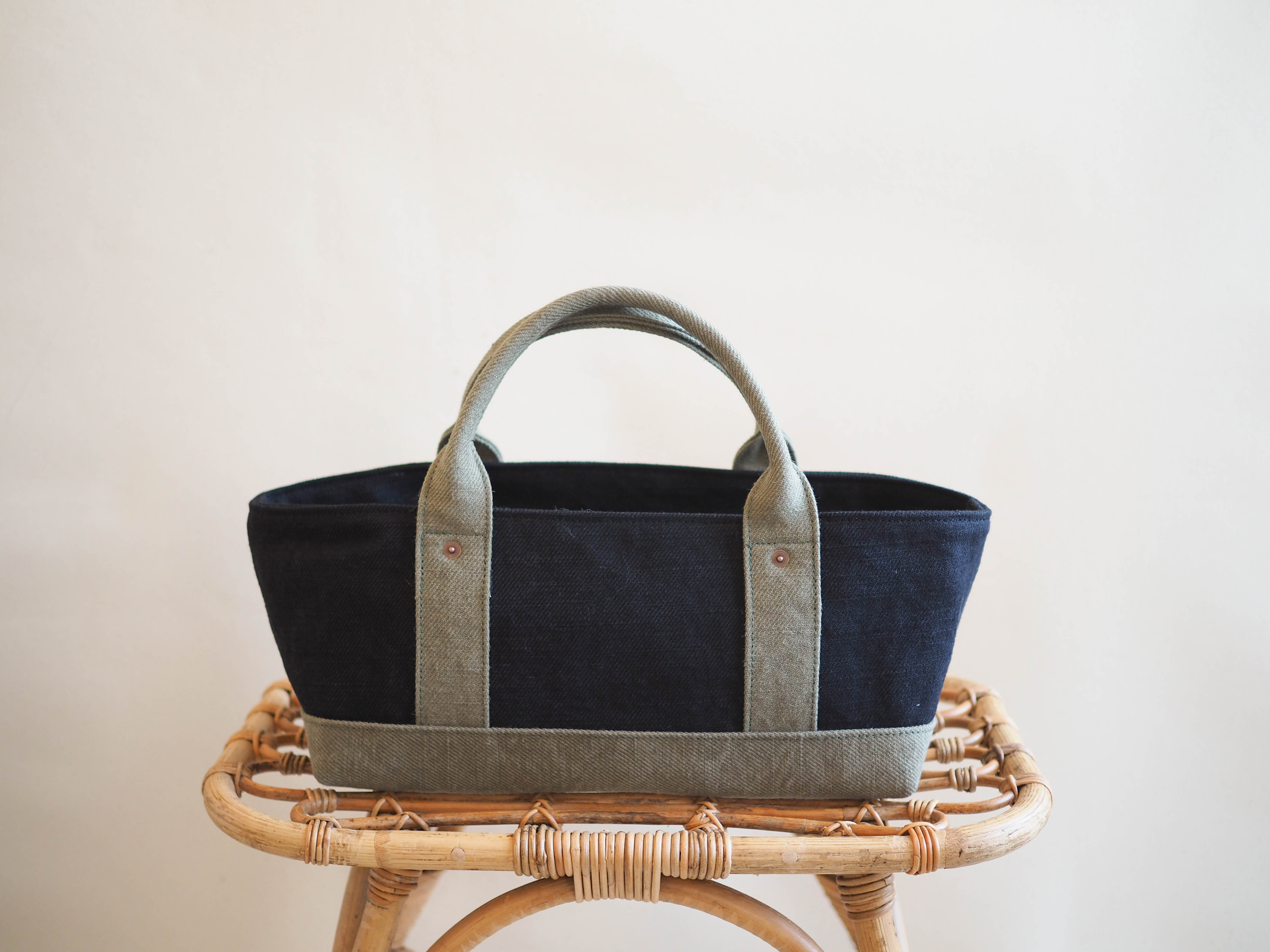 ＊受注制作＊【MILITARY TWILL】蓋付きしかくトート　よこなが（クロ×モスグリーン）